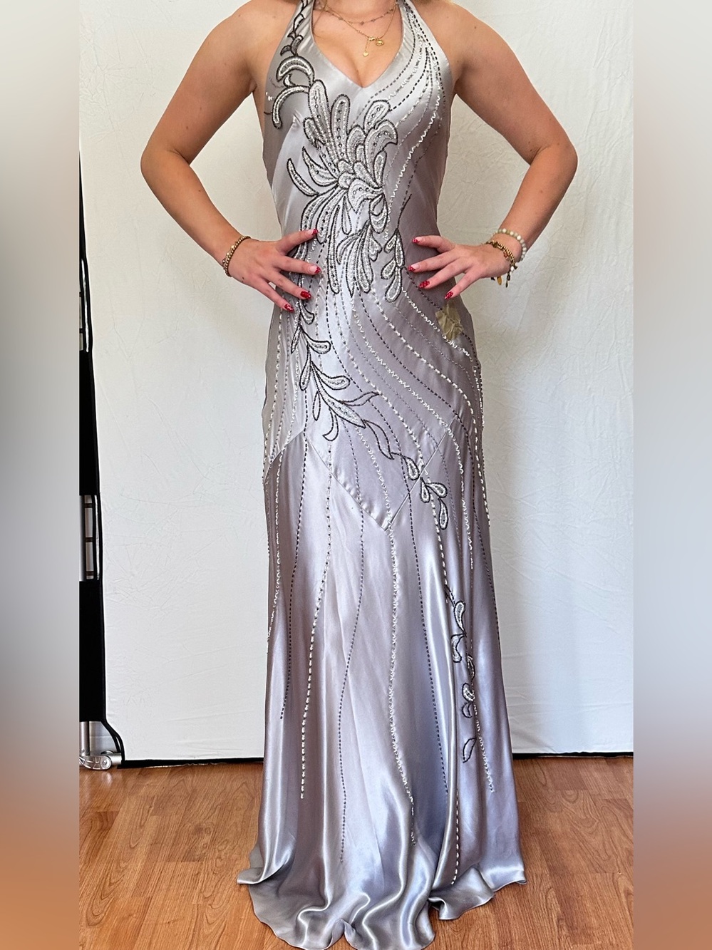 Silver Embellished Halter Evening Gown